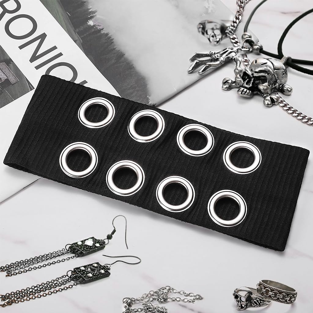 SANNIDHI Hairband for Women with Metal Eyelets and Stretchy Ribbed Fabric | Black Wide Punk Headpiece