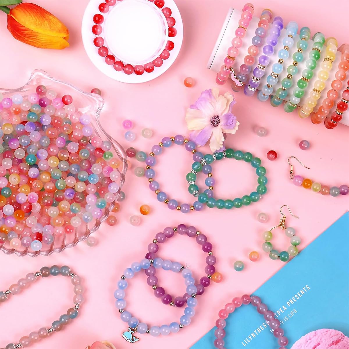 SANNIDHI DIY Beading Bracelet Making Kit with 24 Colors 8mm Glass Beads and Spacer Beads | Jewelry Craft Set for Bracelets Necklaces and Phone Chains