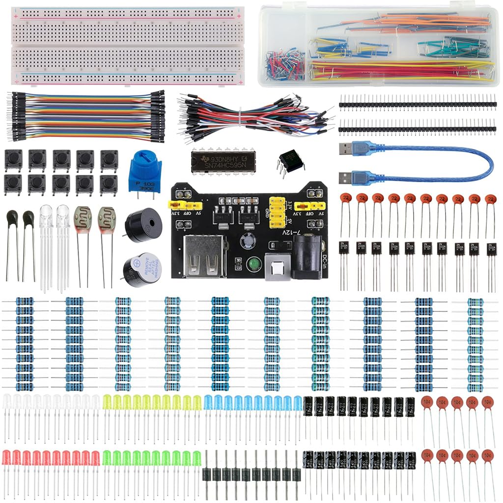 Serplex® 480Pcs Electronics Component Fun Kit with Jumper Wire, Power Supply Module, Precision Potentiometer, 830 tie-Points Breadboard Upgraded Electronics Fun Kit Compatible with STM32, Raspberry Pi