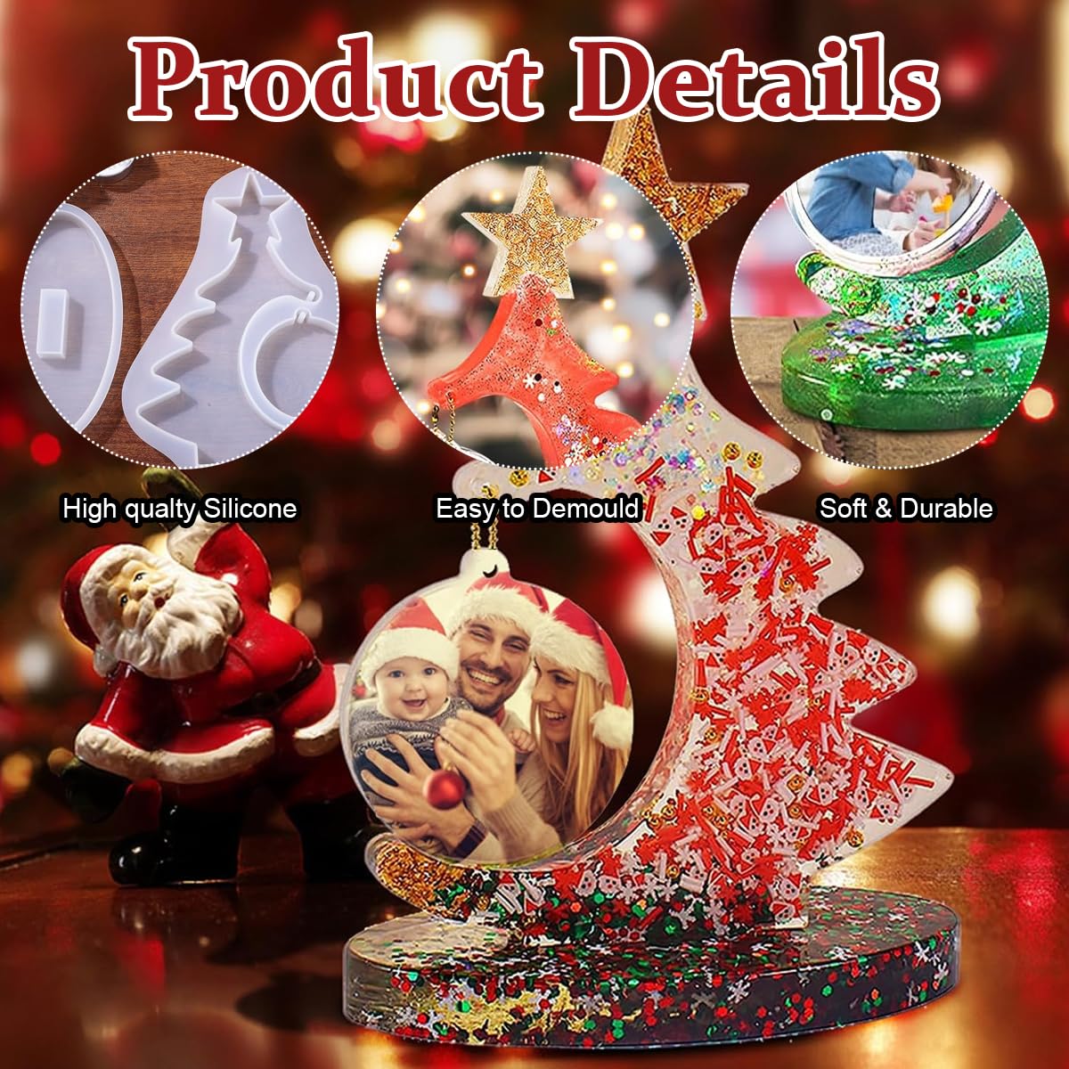 HASTHIP® Christmas Tree Resin Mold, DIY Christmas Tree Ornament with Round Hanging Photo Frame Mold & Base Large Christmas Tree Silicone Resin Mold, 8.3 * 6.8 Inches