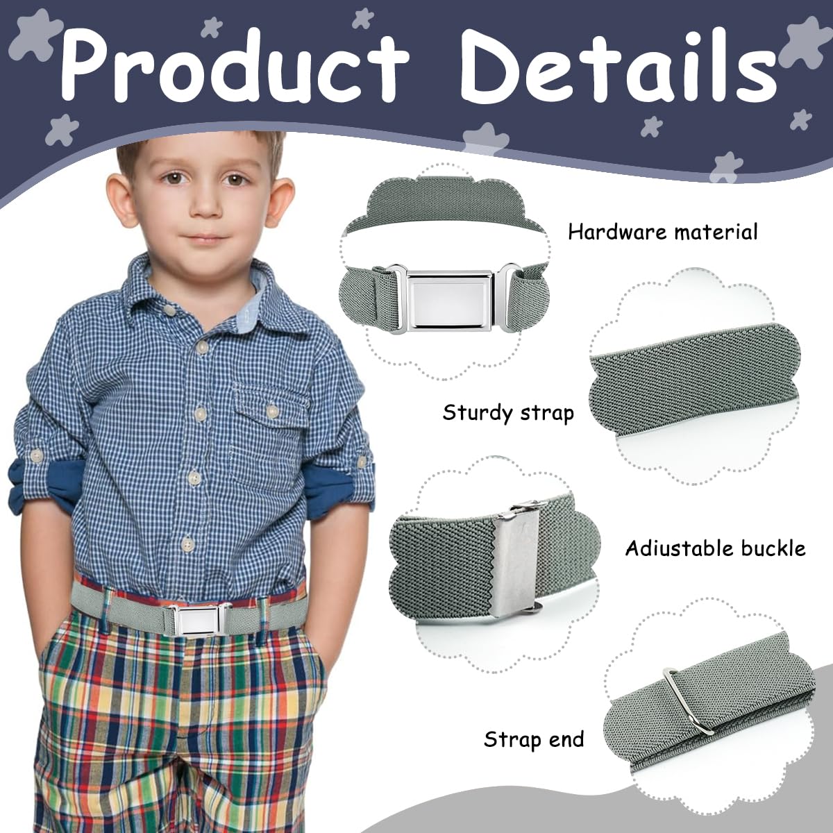 GUSTAVE Kids Belt for Boys and Girls featuring Adjustable Silver Buckle | 2pcs Elastic Grey and Navy Blue Set