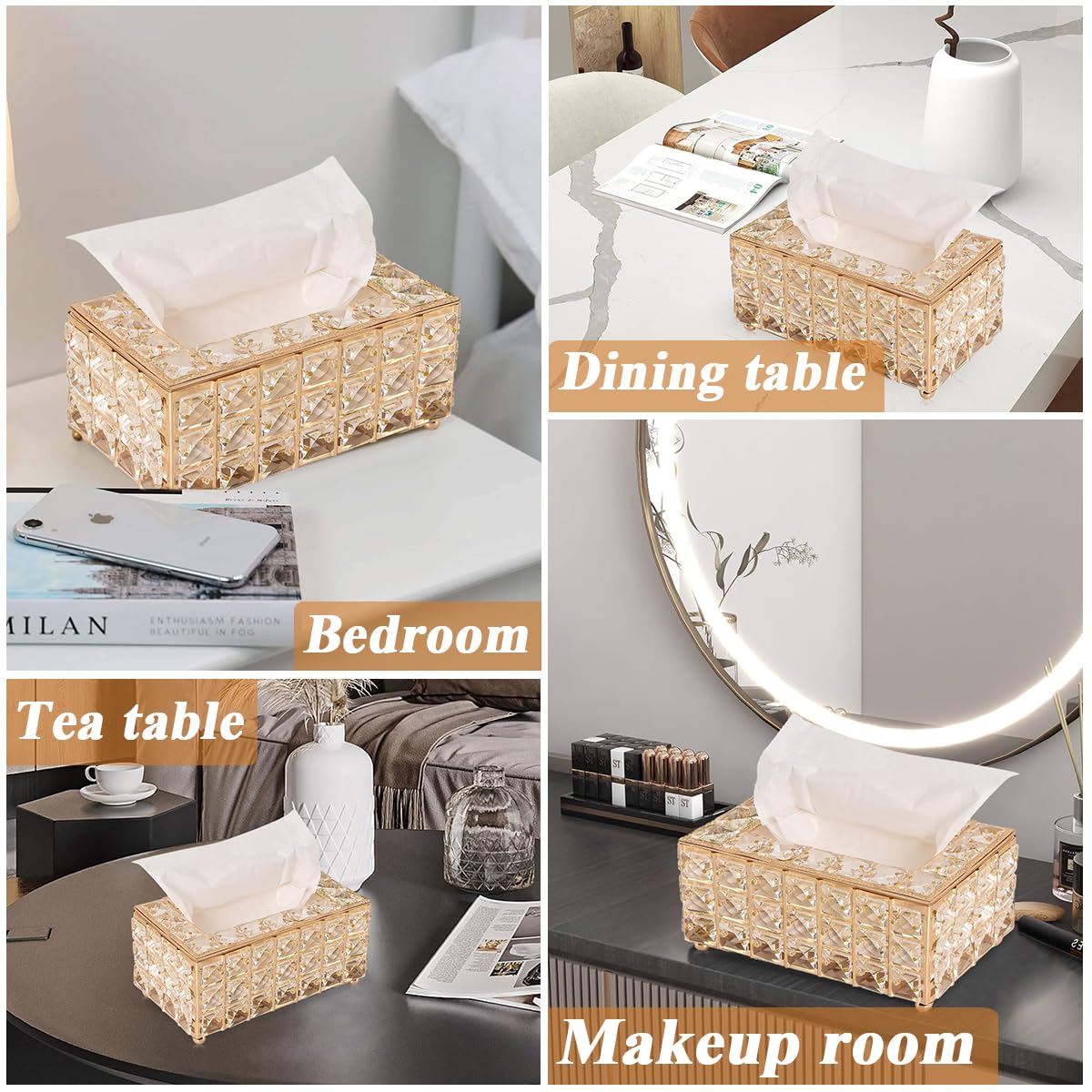 HASTHIP Tissue Box Holder for Home and Car with Crystal Glass Beads 7.4x4.3x3.9 in | Elegant Gold Finish