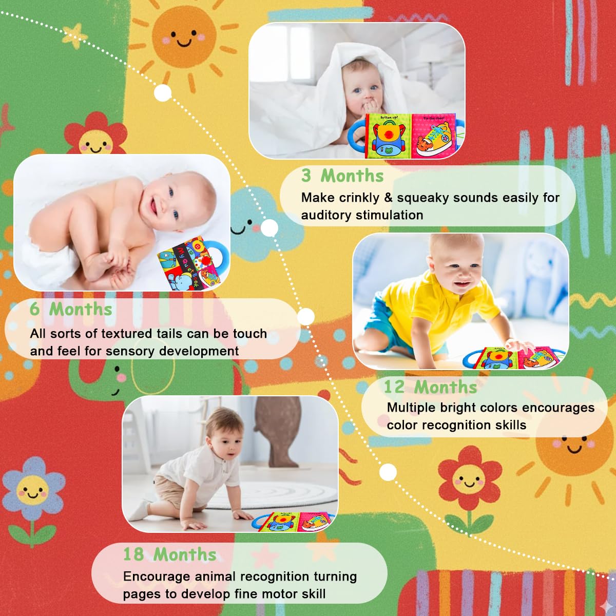 SNOWIE SOFT Cloth Books for Babies with 3D Animal Tails and Crinkle Pages | Educational Sensory Toy