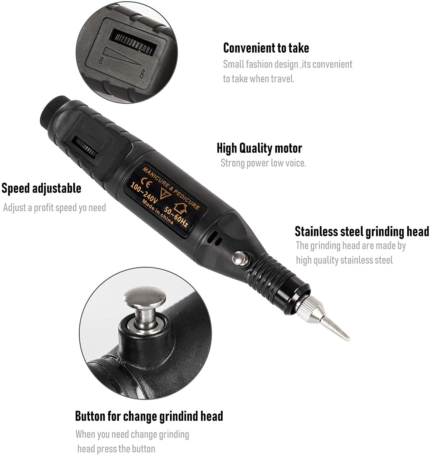 MAYCREATE Mini Electric Nail Drill for Manicure and Pedicure with 6 Bits 2000–18000 RPM | Portable Black Polisher