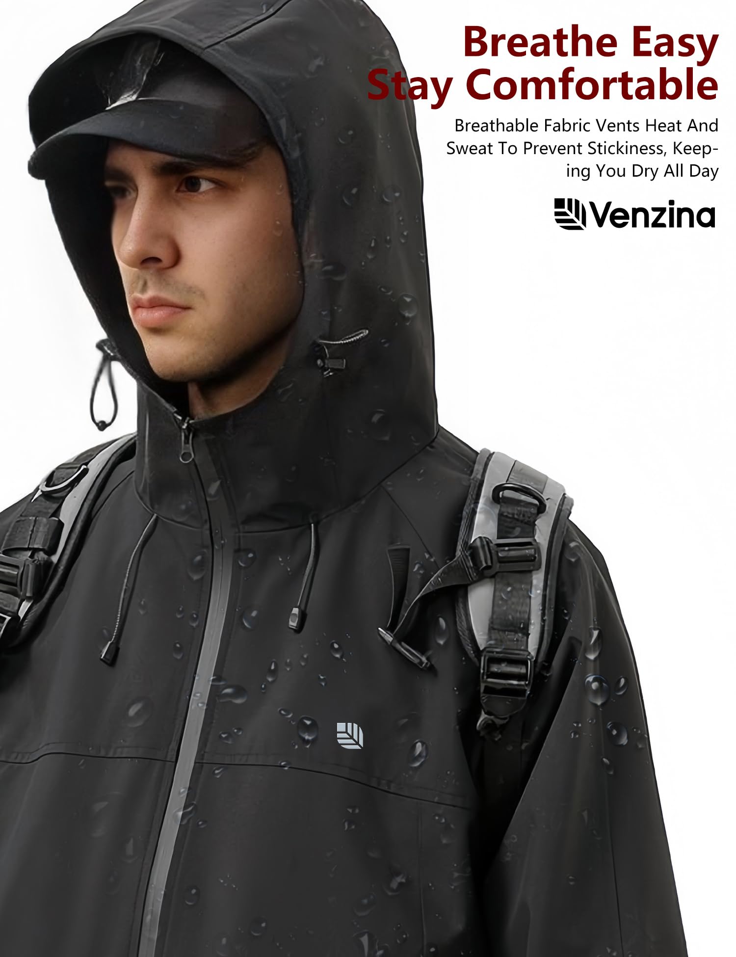 Venzina Men's Waterproof Jacket for Hiking and Cycling with 75D Fabric and 360° Windproof System | Black Lightweight Hooded Outerwear