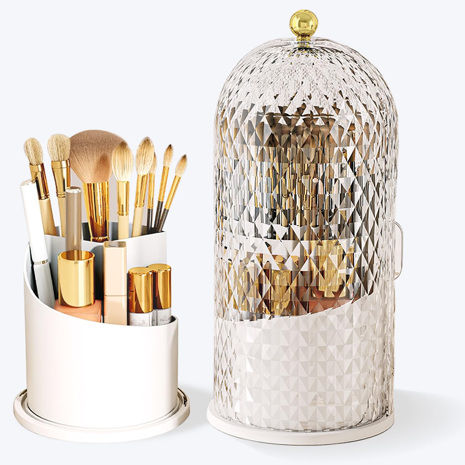 MAYCREATE® Makeup Brush Holder with Lid, 360 Rotating Clear Dustproof Skincare Cosmetic Tools Storage Organizer for Vanity Desktop Bathroom Countertop - White