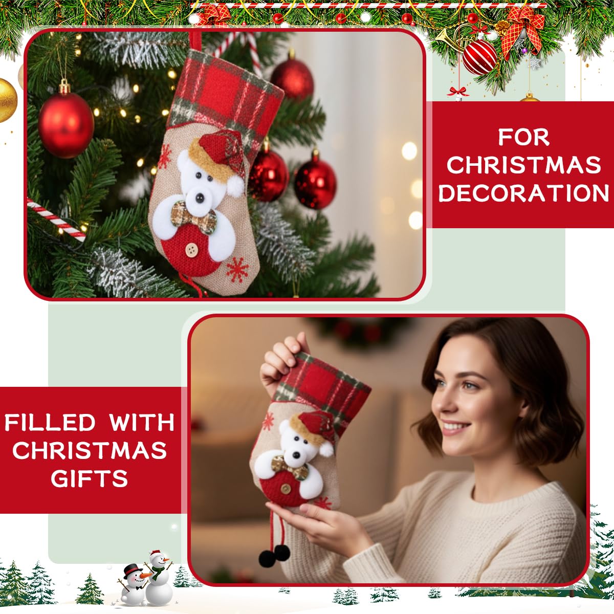 HASTHIP Christmas Stockings Set for Tree and Home Decor featuring 4pcs 14x19 cm Fabric Designs