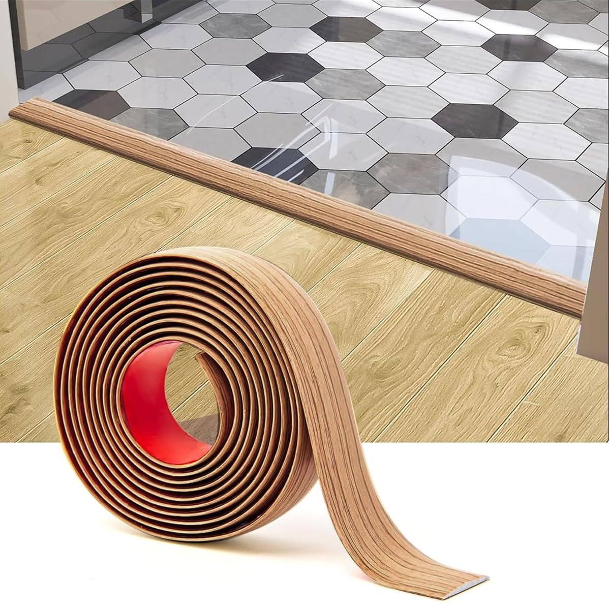 HASTHIP® Floor Transition Strip, Self Adhesive Vinyl Laminate Floor Strip Floor Flat Divider Strip for Joining Floor Gaps, Carpet Threshold, Floor Tiles (47.2 x 1.57 Inches, Wood Color)