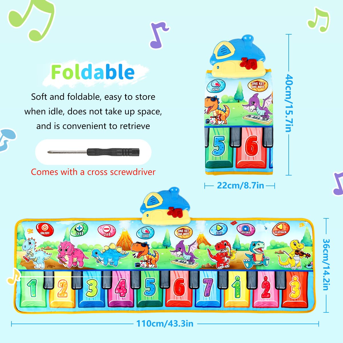 PATPAT Dinosaur Piano Keyboard Musical Mat for Kids with 10 Sounds and 43.3x14.2 in Size | Educational Gift for 1–6 Year Olds