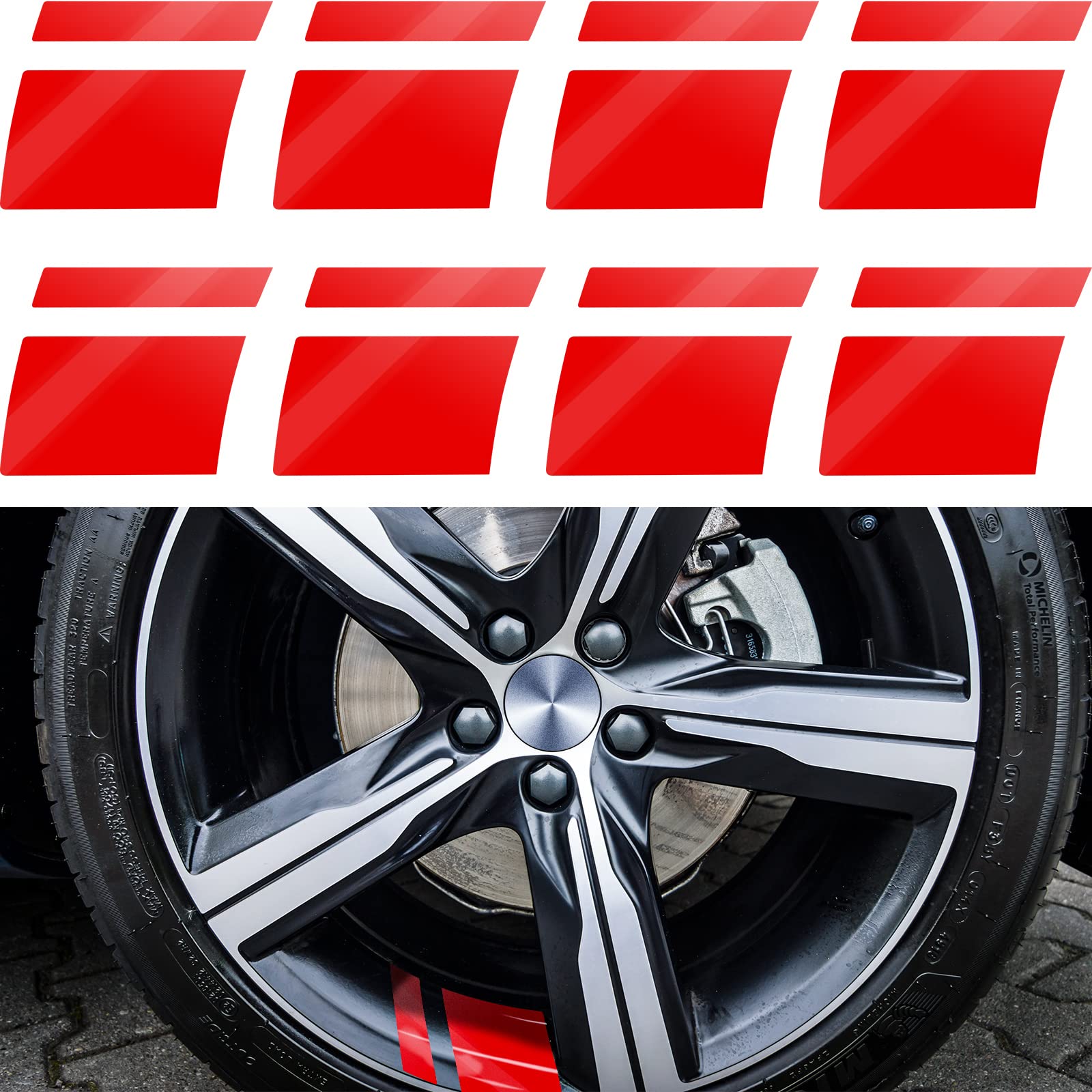 ZIBUYU 8 Sheet Red Reflective Sticker Car Wheel Decoration Sticker PVC Car Wheel Decal Sticker, Safey Reflective Sticker Self Adhesive Waterproof Car Wheel Sticker for 18''-21'' Wheels