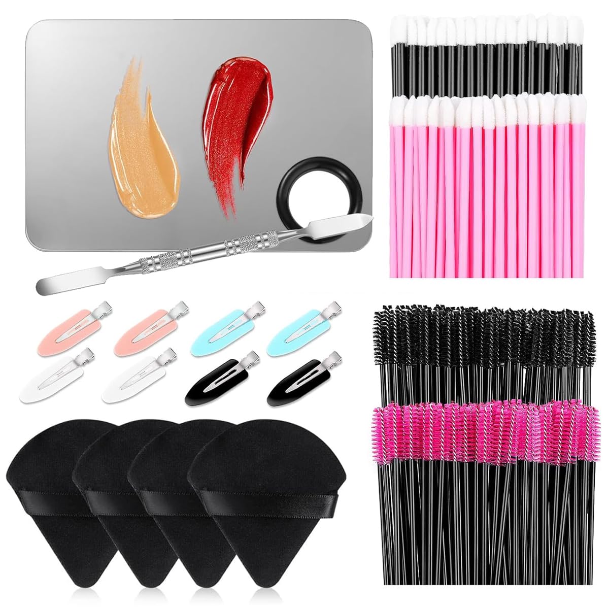 MAYCREATE® Makeup Applicators Kit Includes Triangle Powder Puff, Mixing Palette, Foundation Spatula, Mascara Wands, Lip Brush & Hair Clips Makeup Acessories Tools Set