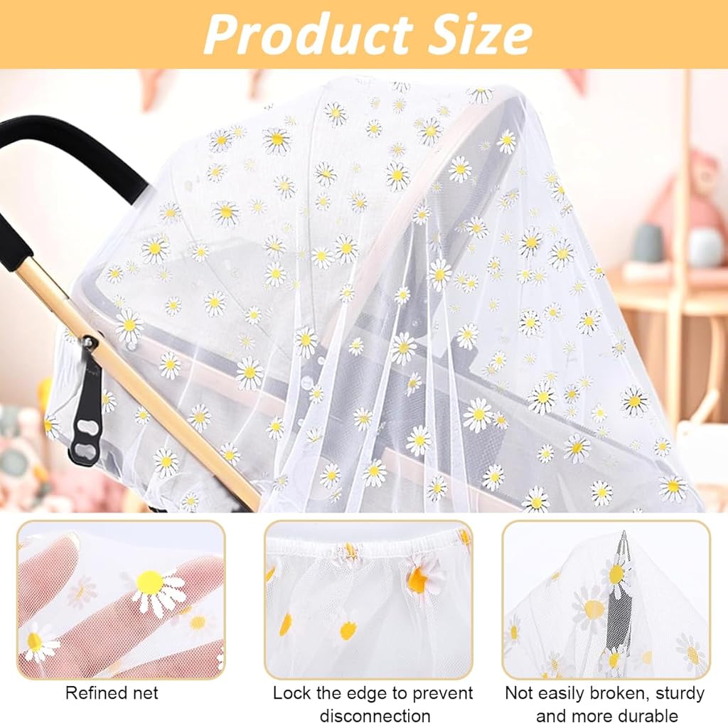 SNOWIE SOFT Mosquito Net for Stroller, Stretchy Breathable Bassinets Stroller Mosquito Net, 1.5m Elastic Diameter Protective Mosquito Net Outdoor Fine Mesh Embroidery Daisy Flower Mosquito Net