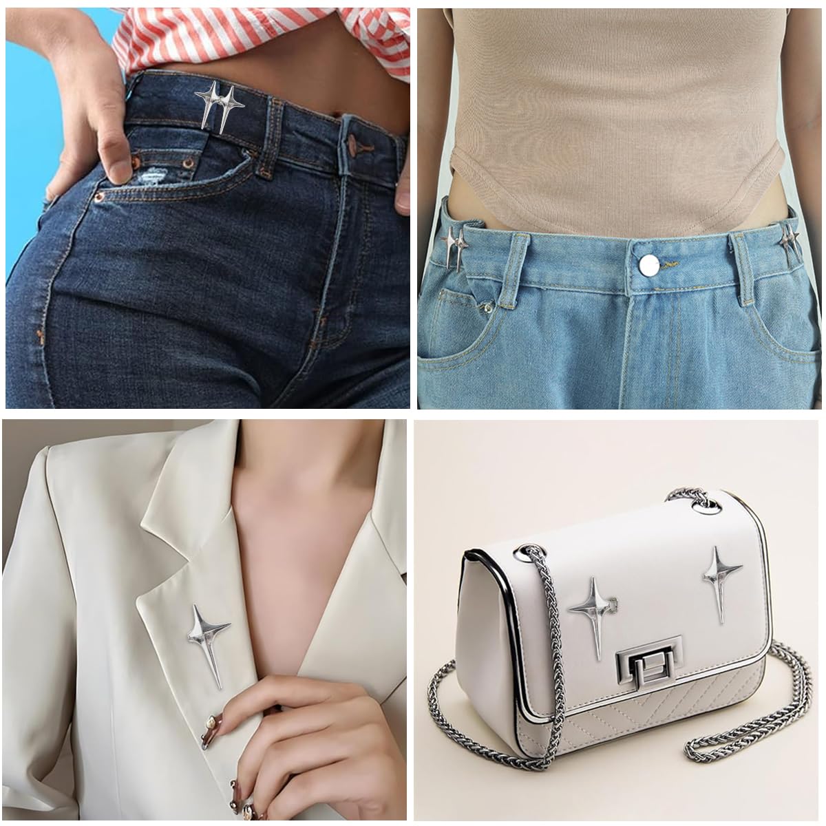 SANNIDHI Adjustable Waist Buckle for Jeans and Pants with Silver Star Design | 4 Sets Detachable No Sewing Metal Adjusters