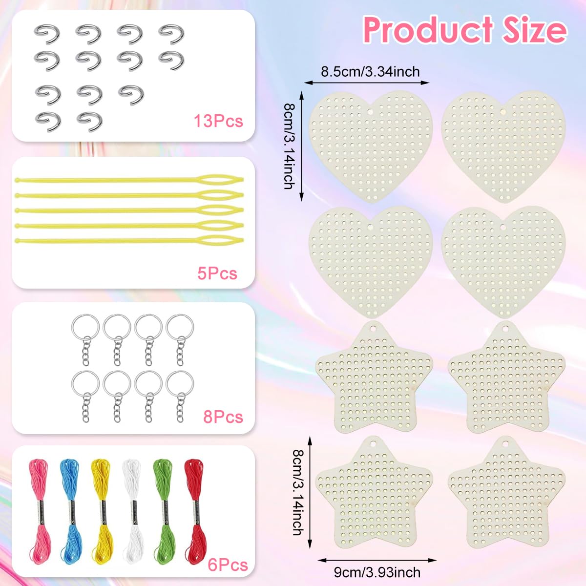 HASTHIP Cross Stitch Keychain Kit for DIY Crafts with 8 Wooden Blanks and 6-Color Yarn