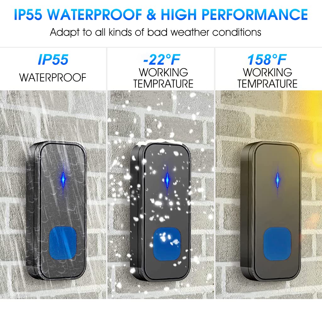 HASTHIP Door Bell for Home Electrical IP55 Long Range Wireless Door Bell Waterproof Ding Dong Bell with Catching Eye Flash Light Smart Door Bells 55 Ringtones and 5 Level Volume 100dB MAX