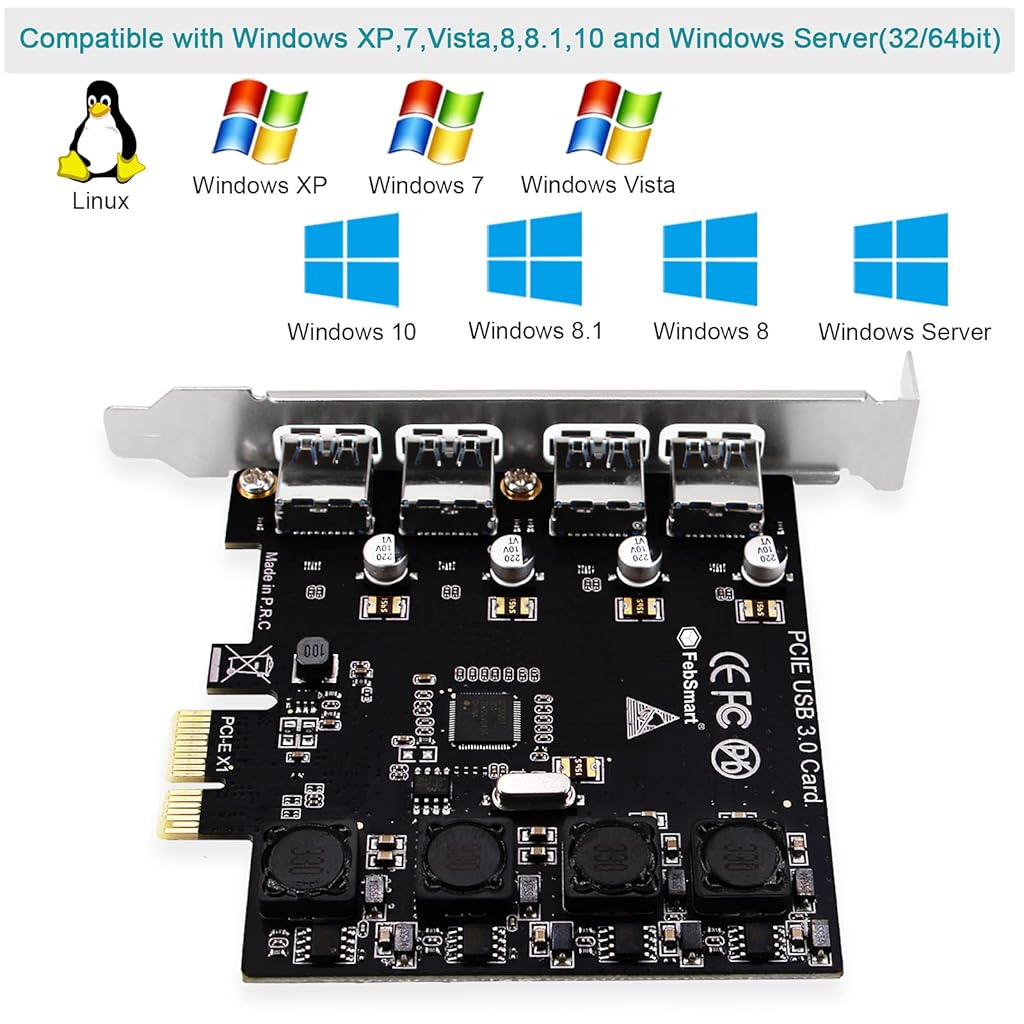 Verilux® 4 Ports USB 3.0 HUB Super Fast 5Gbps PCI Express (PCIe) Expansion Card for Motherboard Windows Server, XP, 7, Vista, 8, 8.1, 10 PCs-Build in Self-Powered Technology-No Need Additional Power Supply