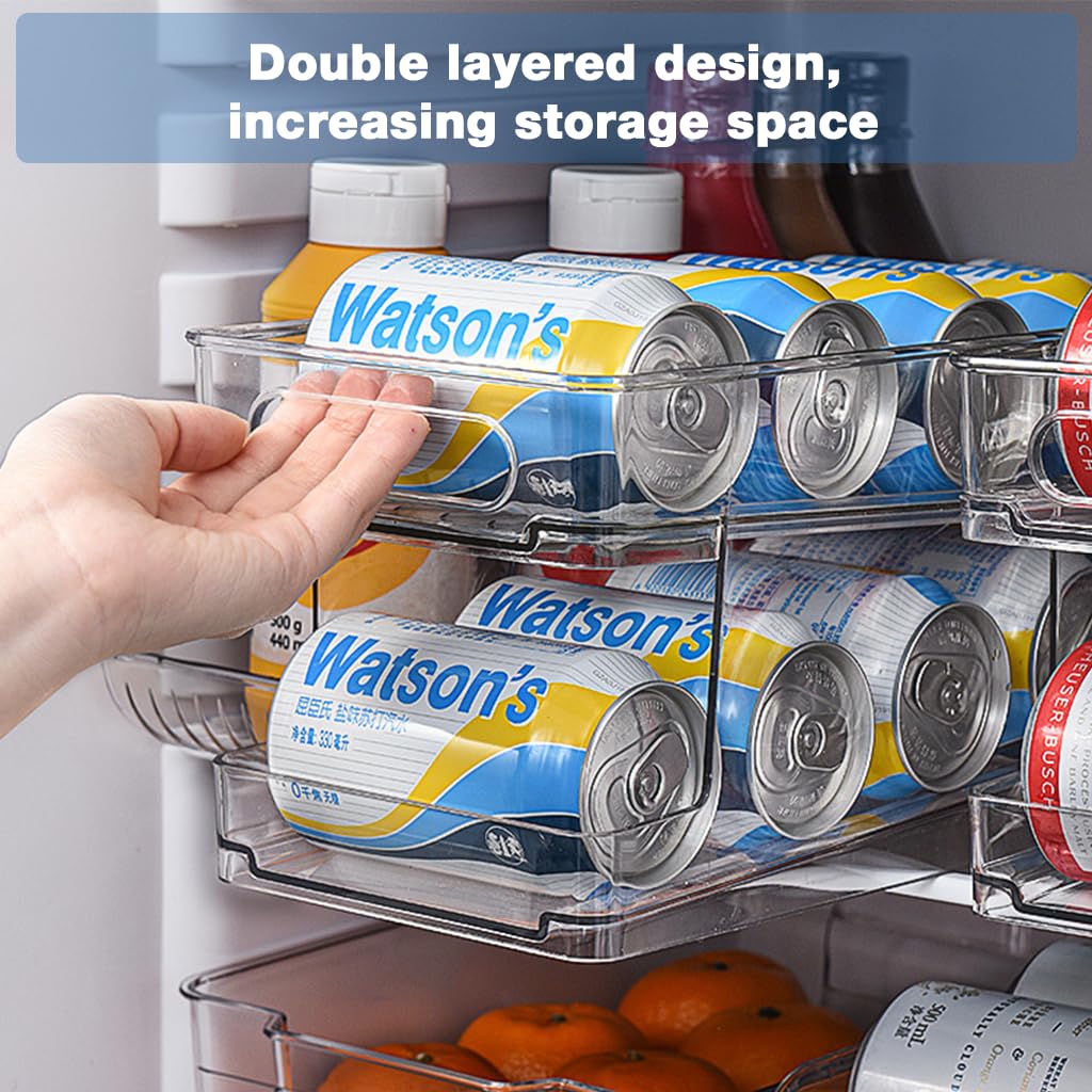 Zibuyu Rolling Beverage Can Rack Organizer for Fridge and Pantry featuring Dual Layer Slide‑Down Design with Clear PET Construction