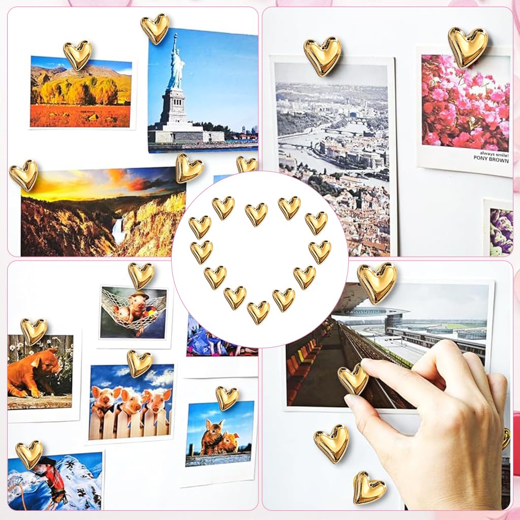 HASTHIP Refrigerator Magnets for Home and Office with 12 Heart Shapes 0.7 in Resin Gold Finish | Strong Decorative Holders for Notes and Photos