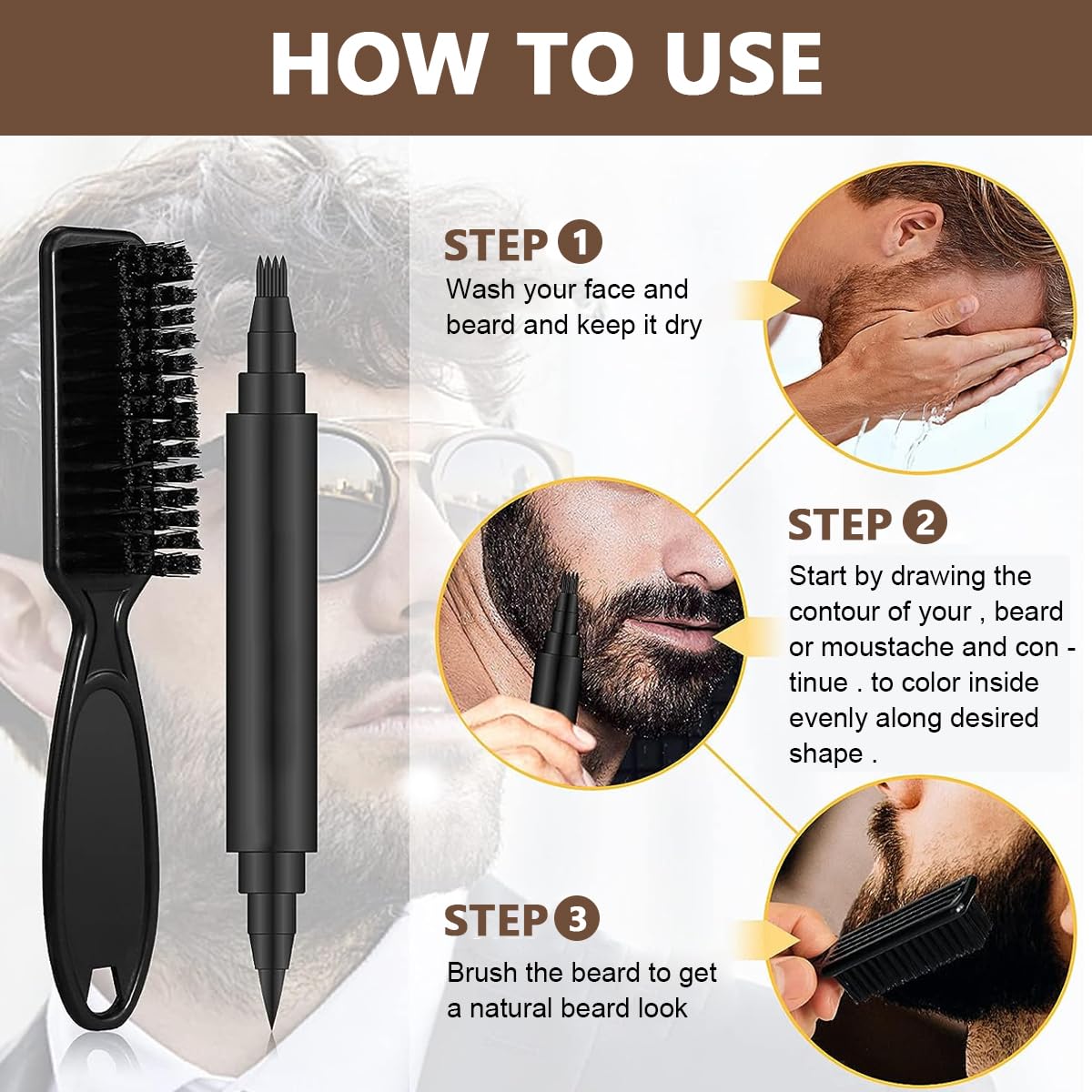 MAYCREATE® Barber Beard Pencil Filler for Men Dual Tip 2 in 1 Beard Pencil with Comb & Brush for Beard Styling, Sweat Proof Beard Pencil Filler Mustache Kit for Beard, Mustache, Eyebrows (dark brown)