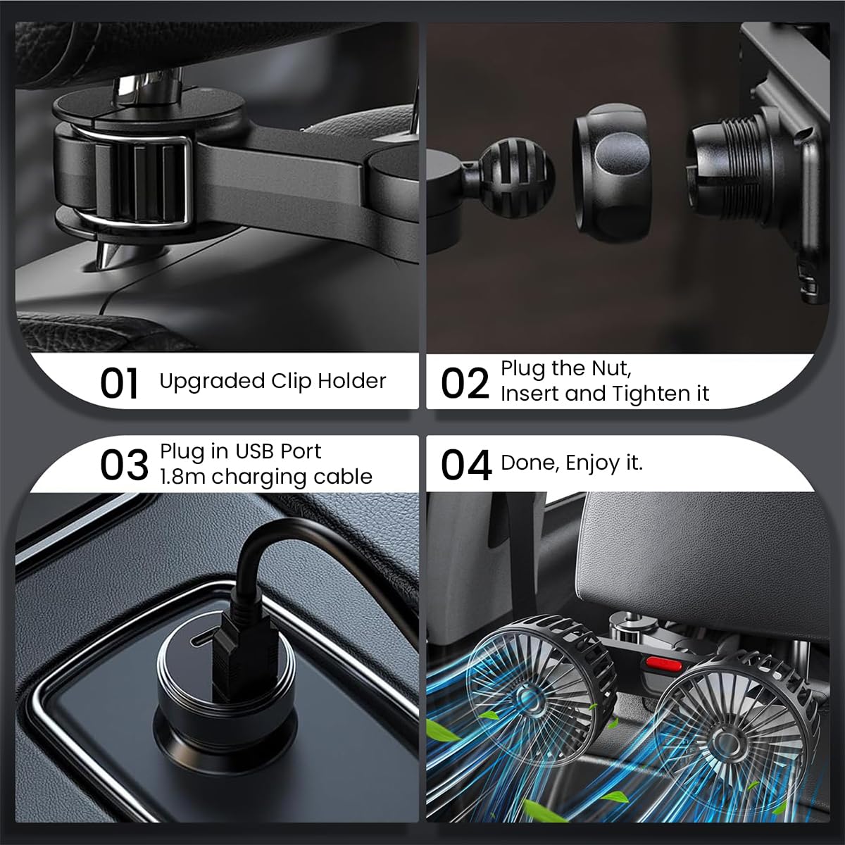 STHIRA Car Fan for Backseat Cooling with Dual Rotating Heads and 3 Speed USB Power | 360° Adjustable Headrest Mount