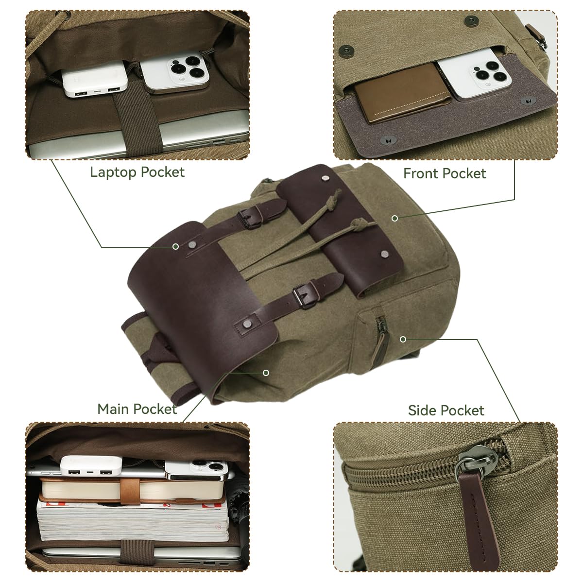 Zibuyu Travel Bag for Men featuring 15.6 inch Laptop Compartment and Drawstring Closure | Sustainable Canvas and Vegan Leather Brown Backpack