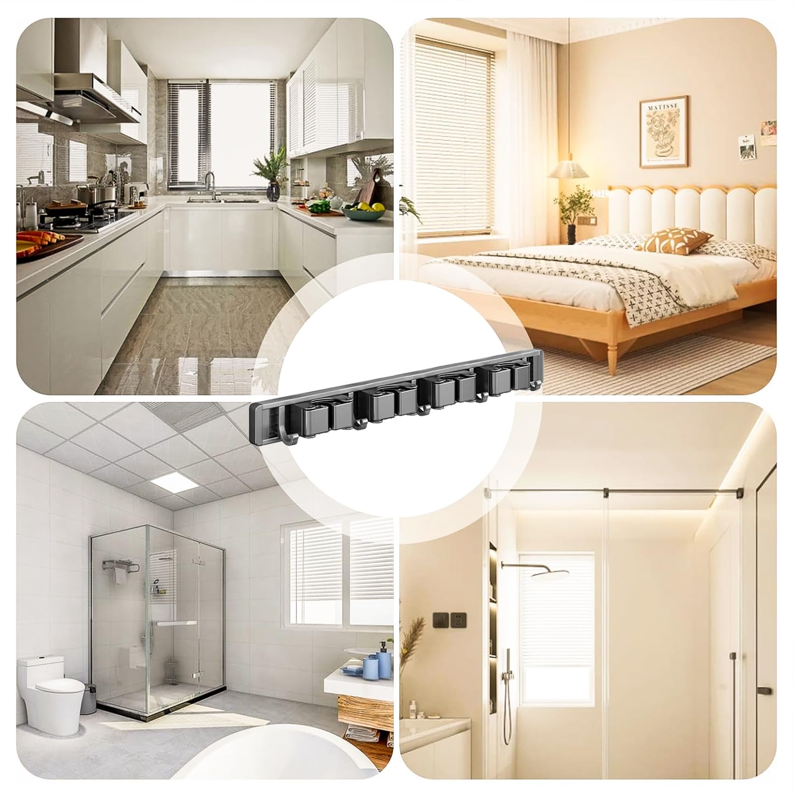 HASTHIP Mop and Broom Holder for Bathroom and Garage with 6 Hooks and Push-in Rail | No-Drill Aluminum Organizer