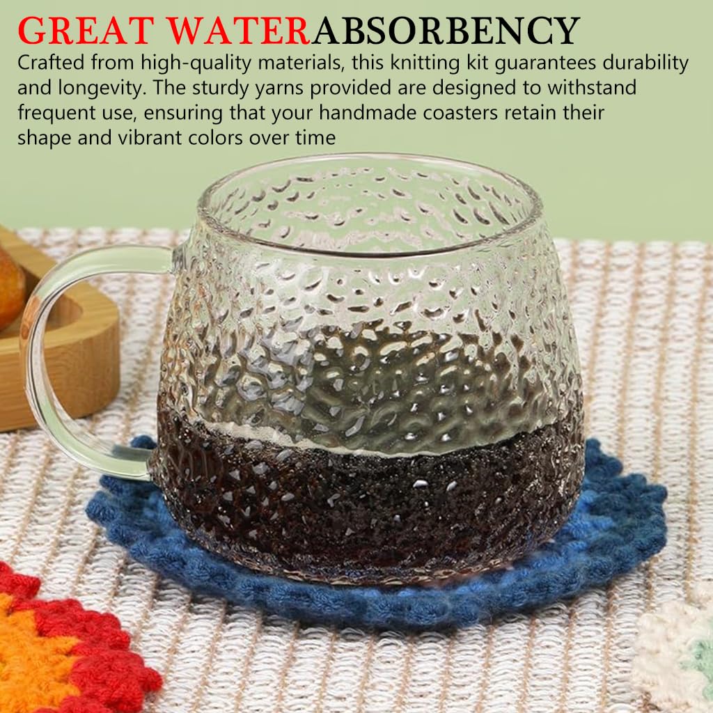 PATPAT DIY Crochet Kit for 4 Floral Coasters with Ergonomic Hook and Tutorial Guide | Beginner Gift Set