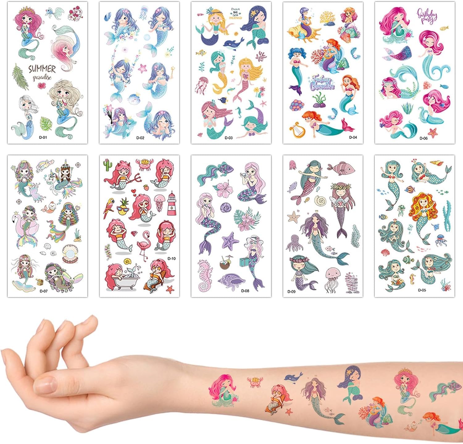 ZIBUYU Mermaid Temporary Tattoo Stickers Set for Parties and Festivals with 10 Sheets | Waterproof Cute Designs for Kids and Girls