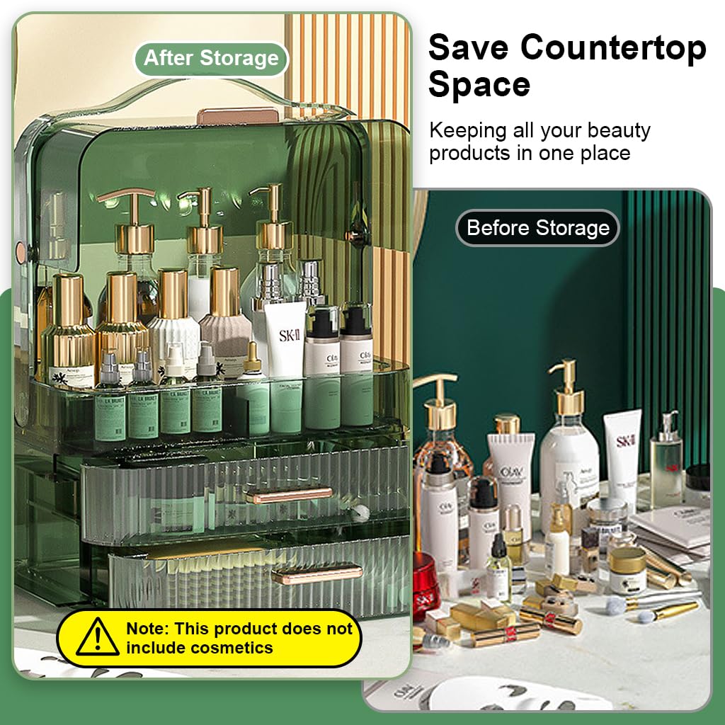 MAYCREATE Dressing Table Organizer for Cosmetics with 34.7x26.5x18.2cm Drawers and Flip-Up Lid | Green Plastic Design