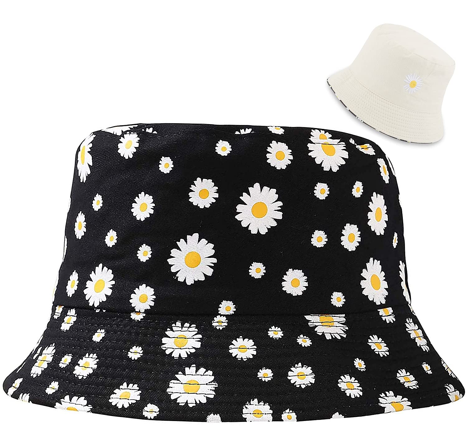 PALAY Bucket Hats for Women Little Daisy Print Cotton Fisherman Beach Hats Foldable Reversible Bucket Outdoor Casual Summer Sun Hat for Ladies Girls Cap White