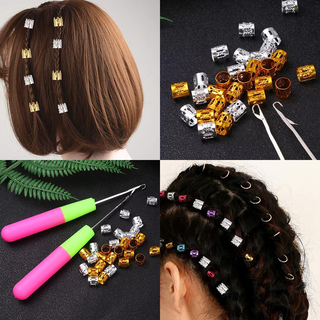 HASTHIP Dreadlock Crochet Hooks Set for Braiding with 2 Sizes and 30 Crown Charms | Gold & Silver