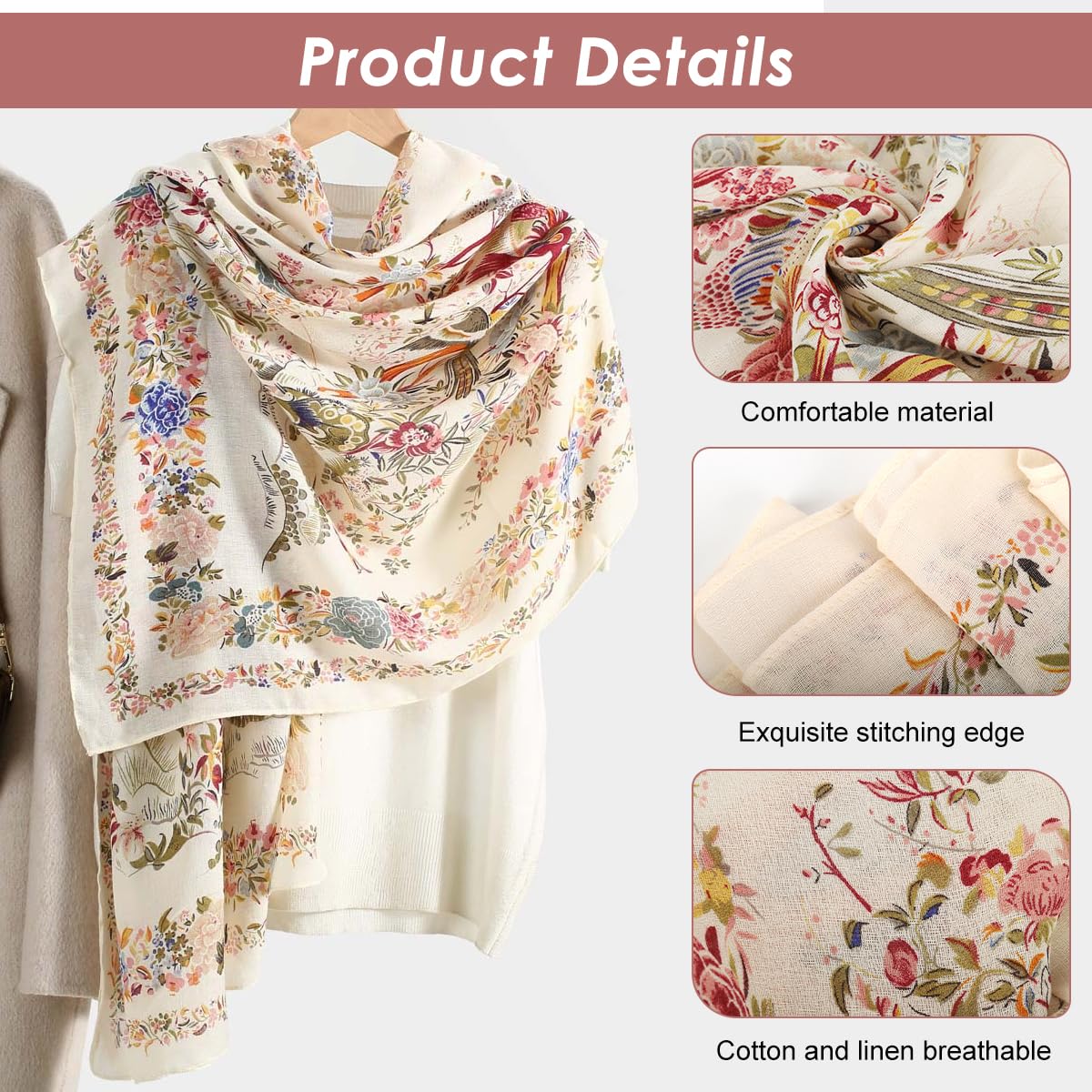 SANNIDHI Long Scarf Shawl for Women featuring 85x180cm size with cotton linen blend | floral wrap gift