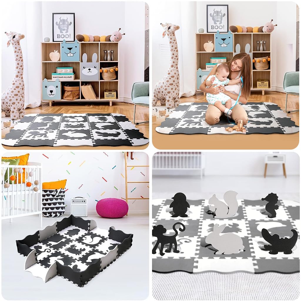 SNOWIE SOFT Baby Play Puzzle Mats for Toddlers with 25 Foam Pieces and Animal Shapes | EVA Black and White Sensory Floor Set 44.8 inches