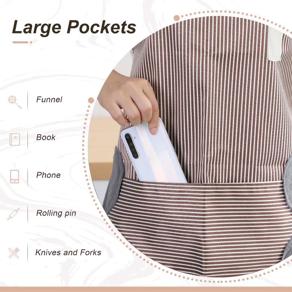 ZIBUYU® Kitchen Apron with Pocket Fashion Stripy Apron Oil-proof PVC Cooking Apron with Water Absorbent Coral Plush Patches for Hand Wiping Adjustable Neck Strap Design Women Men Kitchen Apron