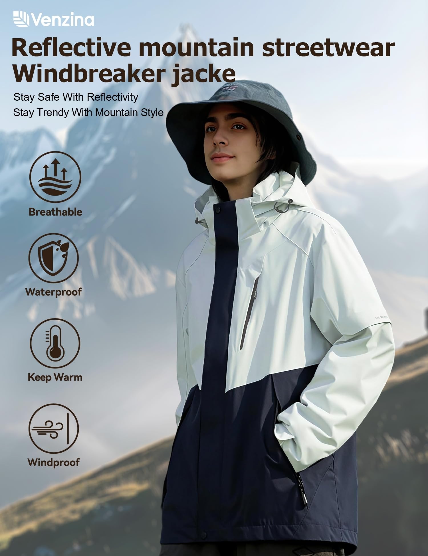 Venzina Men's Lightweight Jacket for Hiking and Cycling with Reflective Sleeves | Breathable Water‑Repellent Windbreaker in Grey