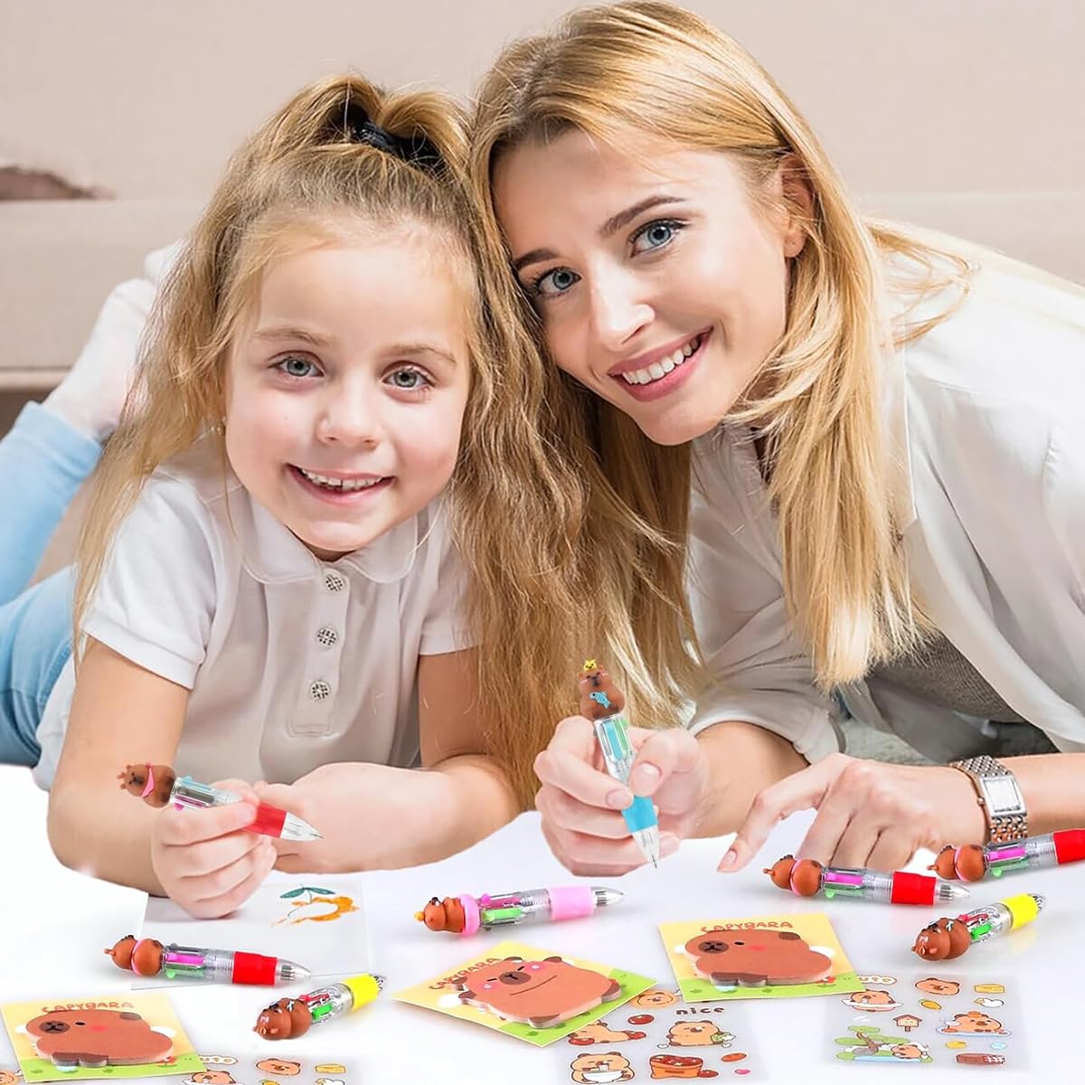 Climberty Cartoon Student Stationery Gift Kit with Pens Sticky Notes & Stickers for School | Cute Capybara Set in Sheer Drawstring Bag