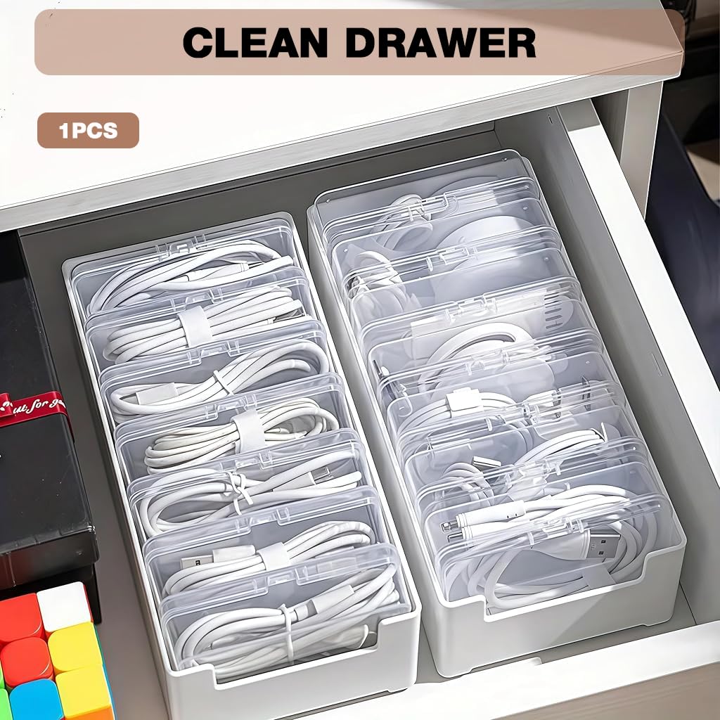 HASTHIP Small Clear Cable Organizer Boxes for Travel and Crafts with Storage Tray | 7 Pcs 6.5x9.5x2.5cm Durable PP Set
