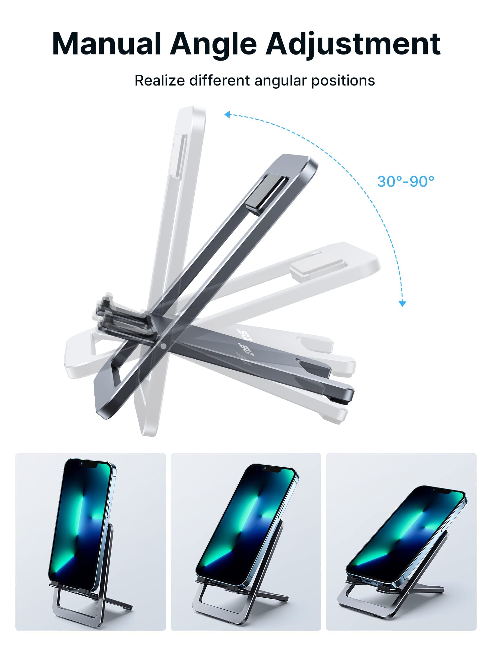 JSAUX Universal Mobile Stand for Desk with 0°–90° Adjustable Foldable Design | 2Pcs Aluminum Holder Grey