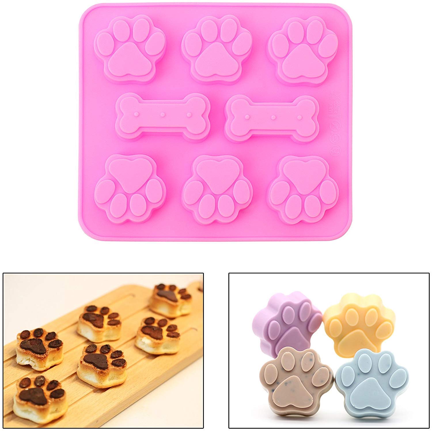 HASTHIP 3 Pieces Silicone Molds Puppy Dog Paw & Bone Shaped 2 in 1, 8-Cavity, Reusable Ice Candy Trays Chocolate Cookies Baking Pans