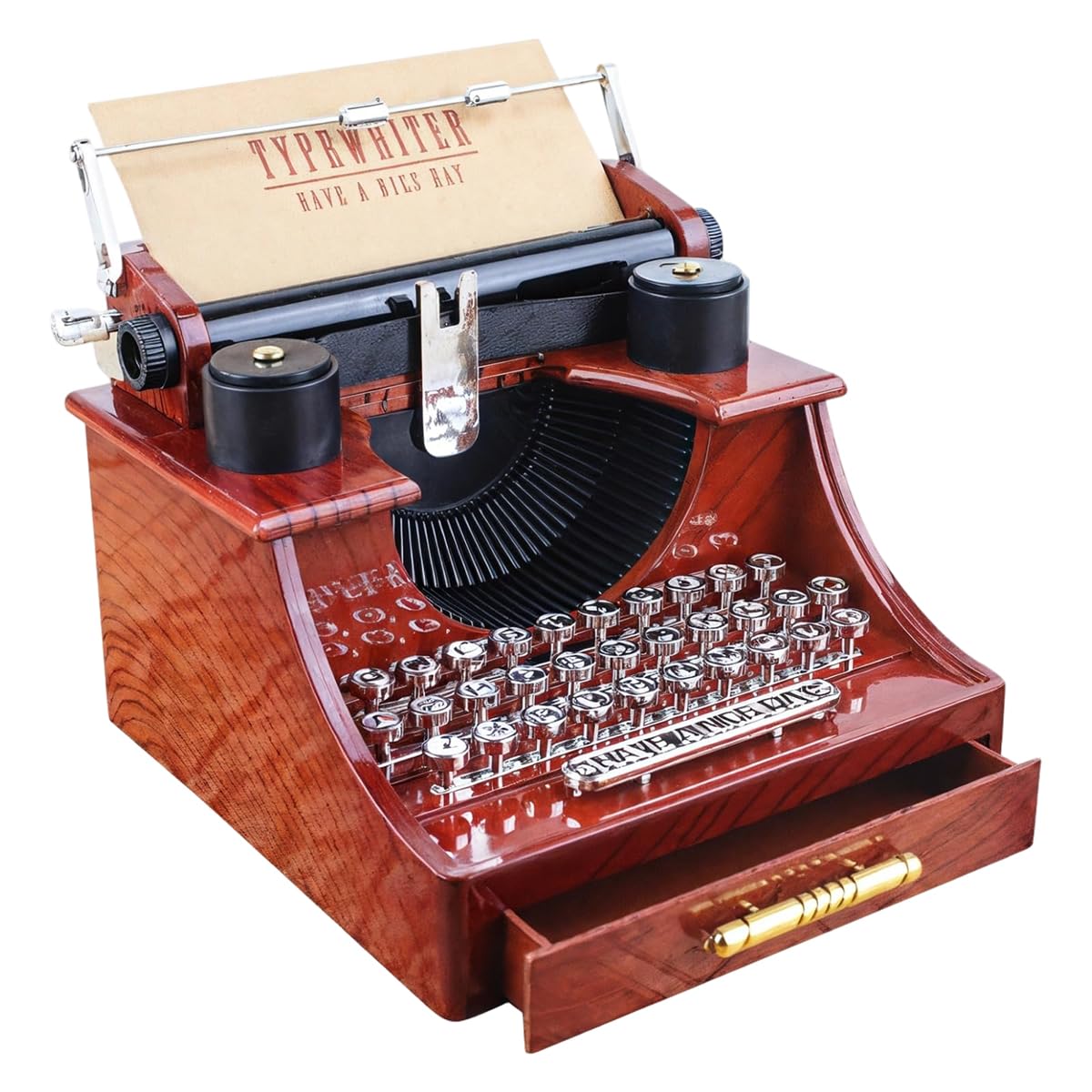 HASTHIP Retro Typewriter Music Box for Desk Decor with Hand Crank | 14x15x11 cm Red Wood Finish