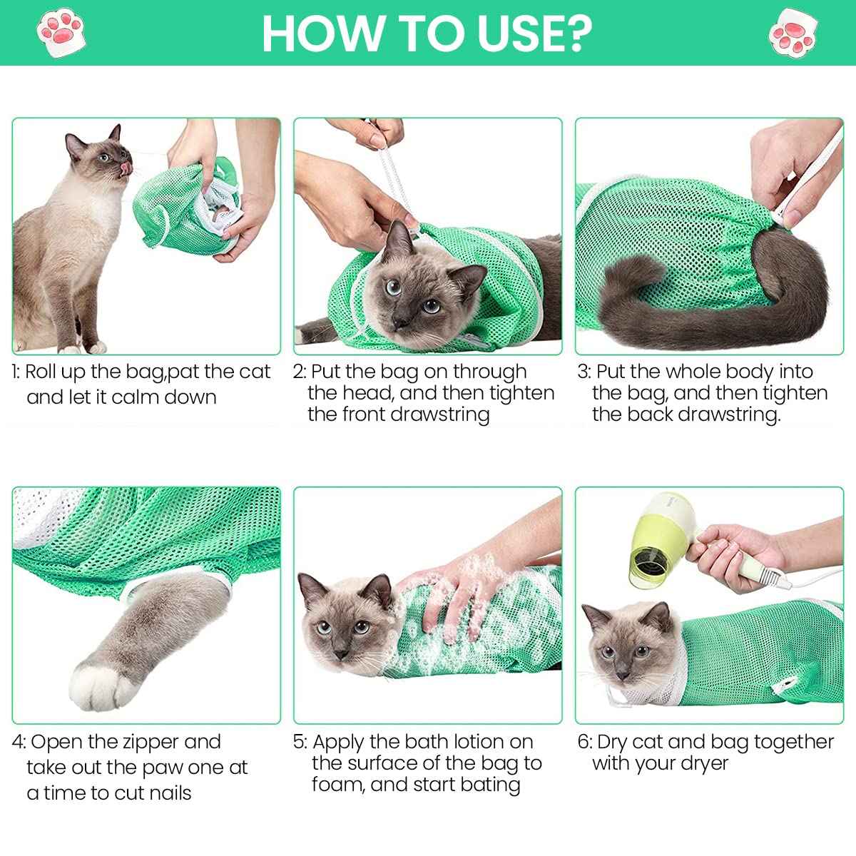 Qpets® 23*16*14 Inch Cat Bathing Bag Anti-Scratch Cat Grooming Mesh Bag for Bathing, Nail Trimming, Medicine Taking, Injection, Adjustable Multifunctional Breathable Restraint Shower Bags(Green)