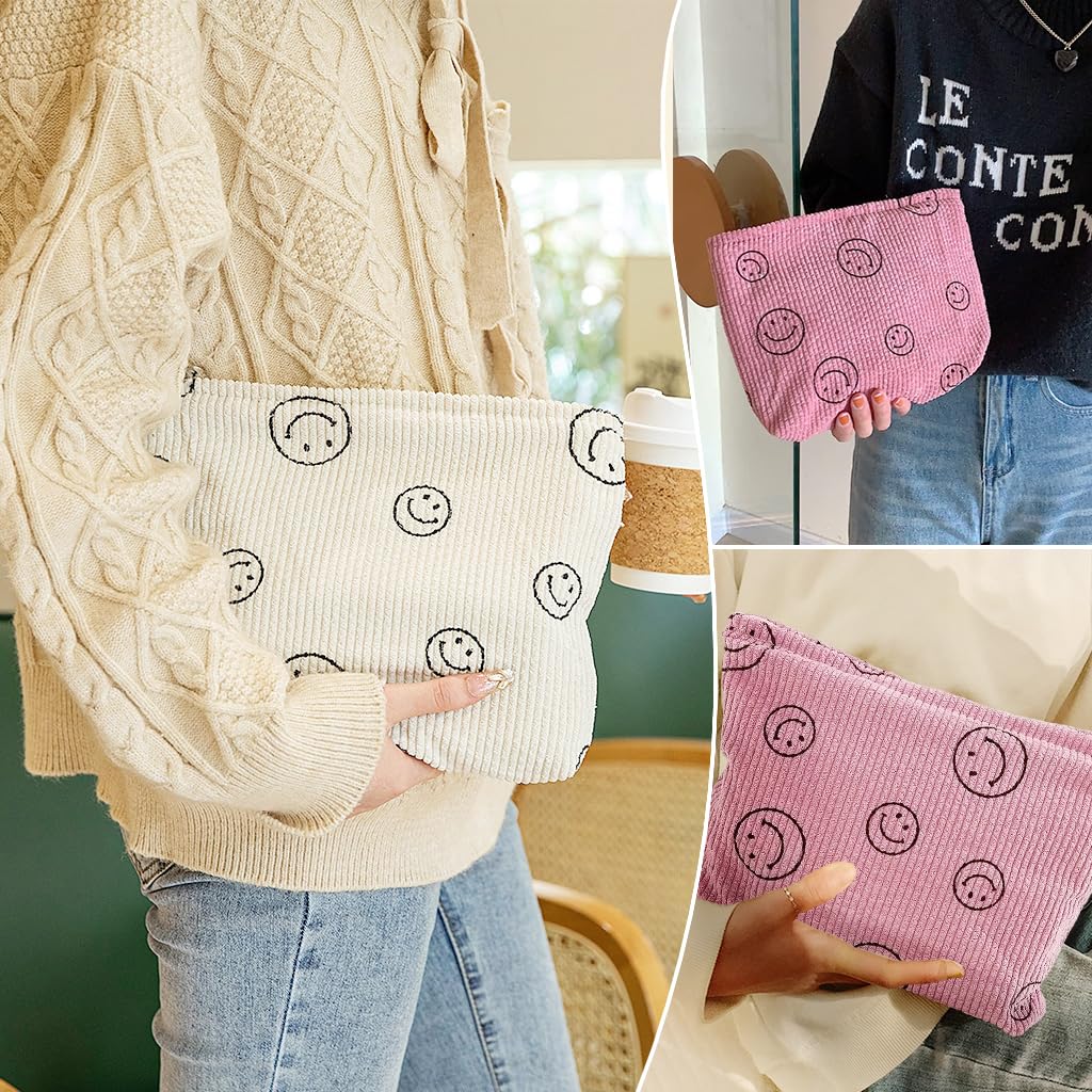 ZIBUYU Makeup Pouch Bag for Travel and Daily Use with Zipper Closure 25x20x6 cm | Corduroy Smiley Print for Women