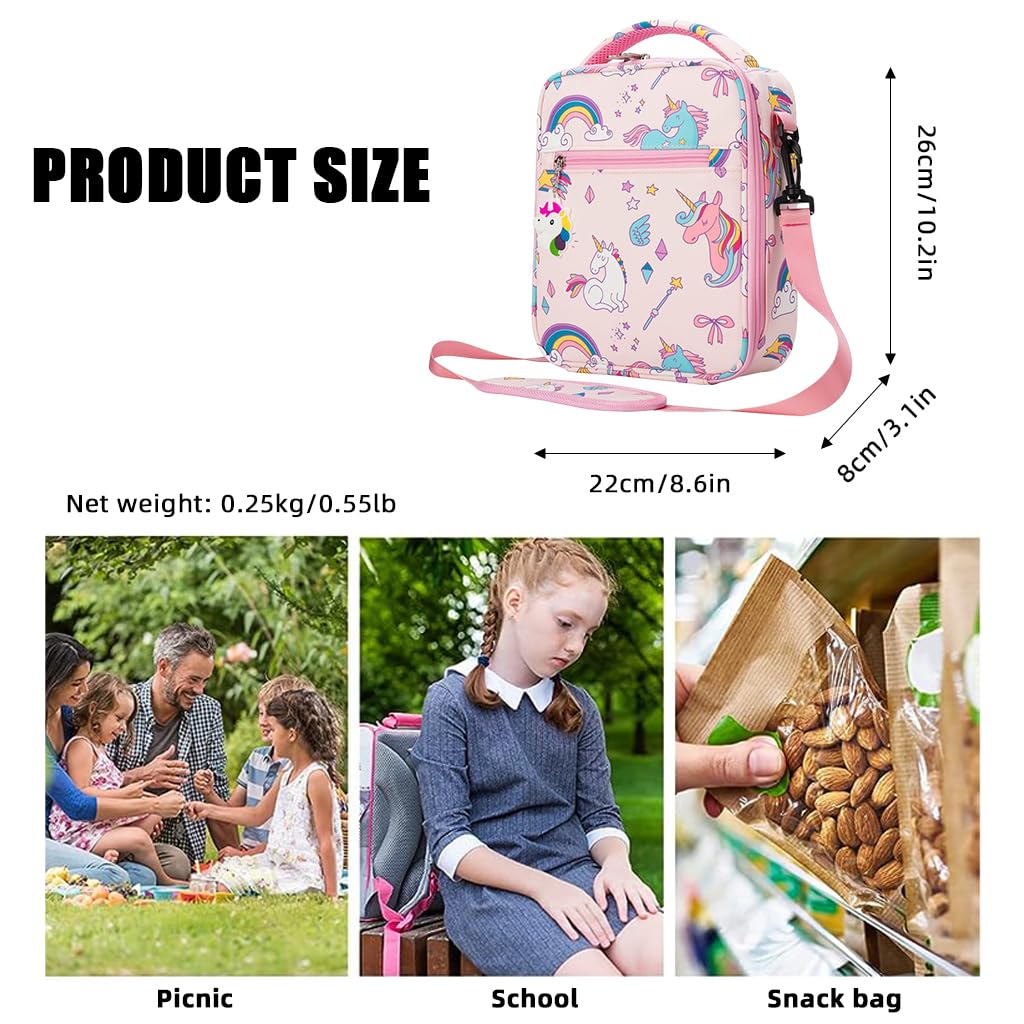 HASTHIP® Lunch Box for Kids Girls Insulated Lunch Bag, Pocket Pink Unicorn Print Thermal Lunch Tote Bag with Shoulder Strap for School Thermal Meal Small Lunch Tote Toddler Rainbow Lunchbox