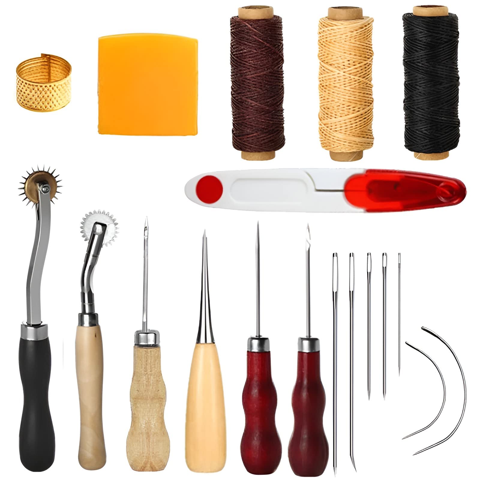 Supvox 19Pcs Leather Sewing Tools, Leather Craft Tool Kit with Hand Sewing Needles Drilling Awl Waxed Thread and Thimble Curved Upholstery Repair Kit for Beginners and Professionals Leather Craft