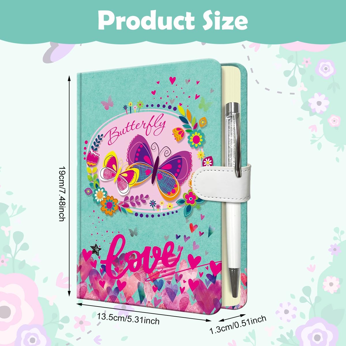 Climberty Butterfly Diary for Girls with Closure and Ballpoint Pen 7.5 x 5.3 in | Soft PU Cover Notebook