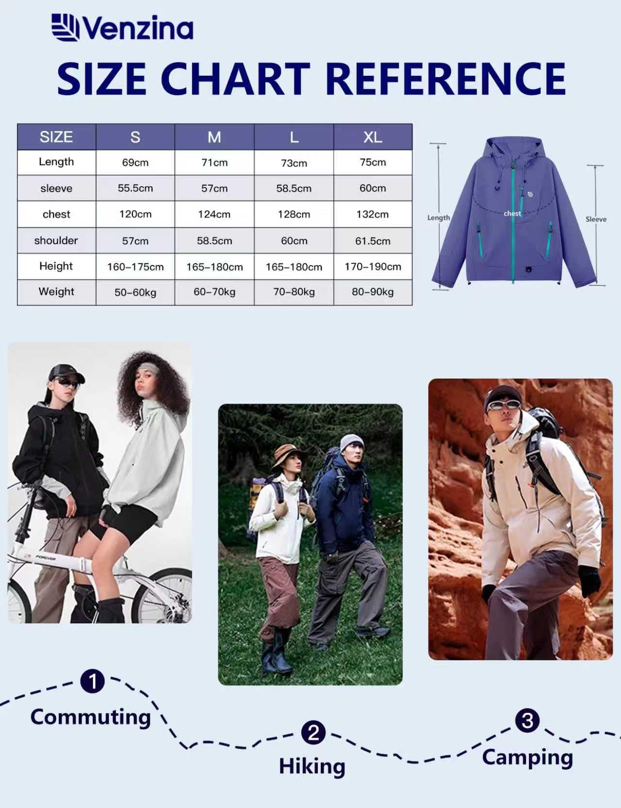 Venzina Men's Waterproof Rain Jacket for Commuting with Breathable Windproof Fabric | Purple