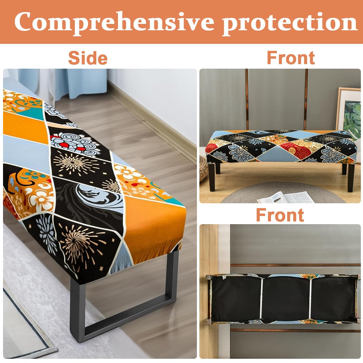 HASTHIP® Stretchy Bench Seat Cover Anti-scratch Dacron Cover for Living Room Bench Floral Print Bench Cover Leather Bench Seat Protector Cover for Piano Bench, Entryway Bench Anti-Dust Removable Bench