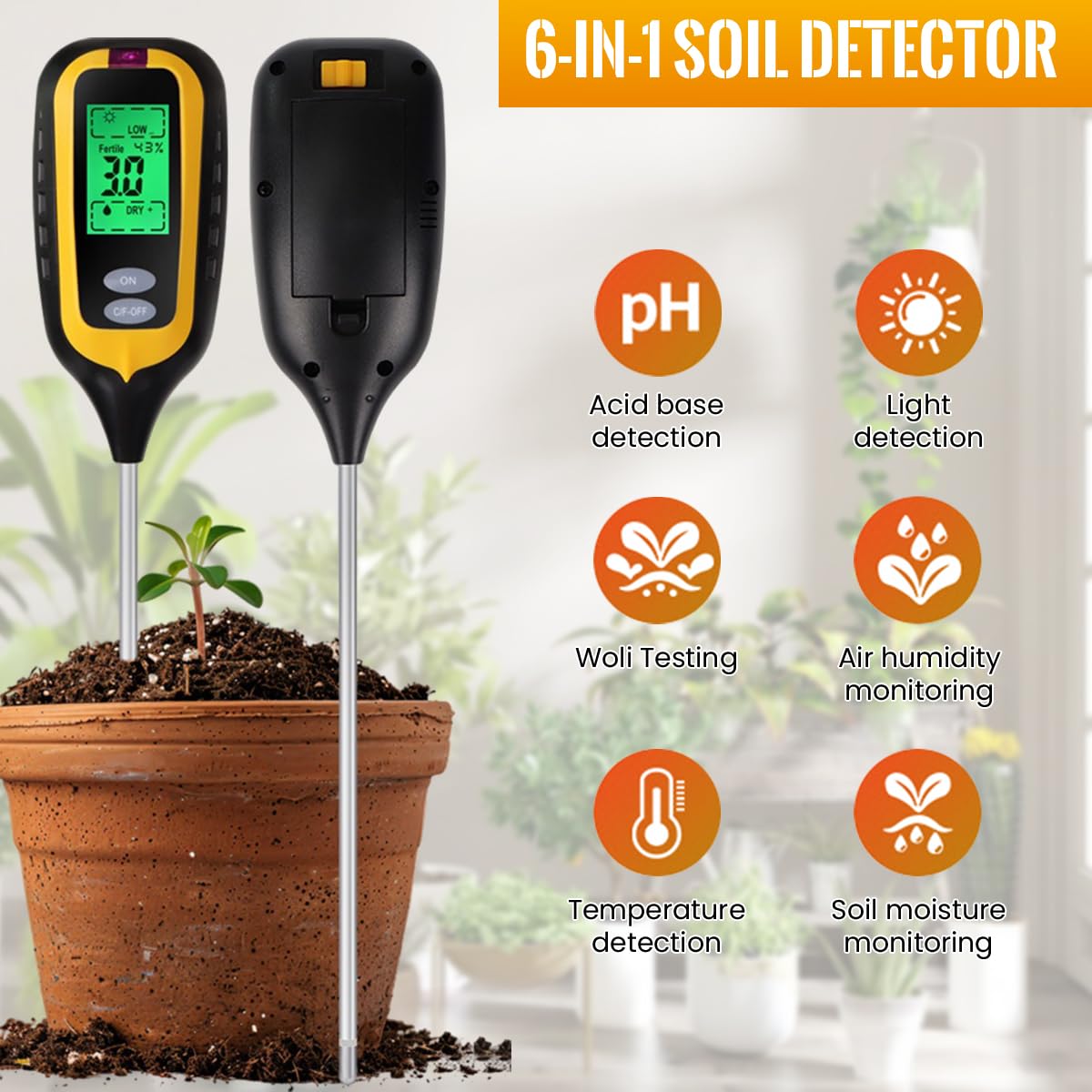 Serplex Soil Moisture Meter for Plants featuring 6 in 1 Sensor and Backlit LCD Display | PH Light Temp Fertility Tester