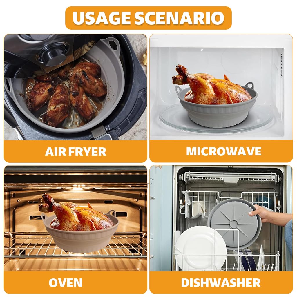 Supvox Air Fryer Silicone Pot 7.9 in for 3.6 4.2 6.8 QT Fryers with Handles and Grooved Base | Grey