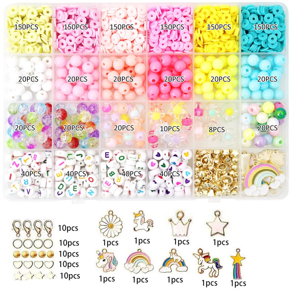 SANNIDHI® Bracelet Making Set, Clay Beads Kit, Macaron Color Beads for Bracelet Making for Girls Kids, Letter Beads with Unicorn Pendants, Crystal Star Flower Hair Beads Set for DIY Jewellery Crafts